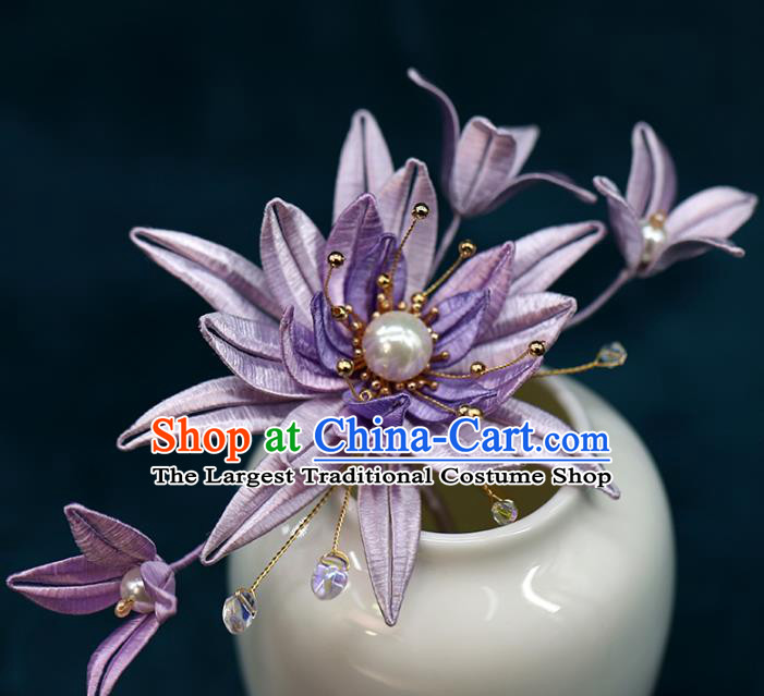 Chinese Traditional Wedding Hair Accessories Hanfu Hair Stick Ancient Bride Purple Silk Epiphyllum Hairpin