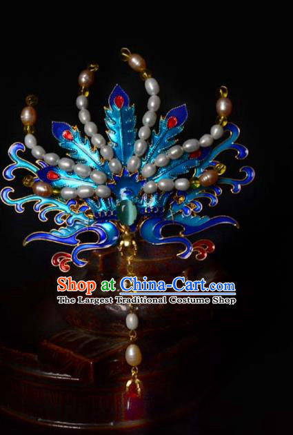 Chinese Traditional Blueing Phoenix Hair Crown Ancient Empress Pearls Hairpin Hanfu Hair Accessories