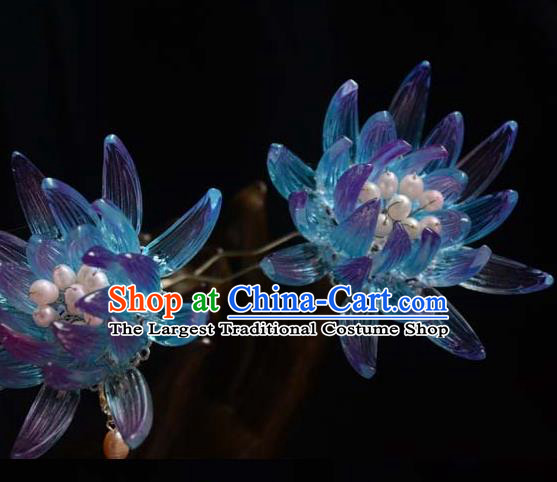 Chinese Ancient Empress Blue Epiphyllum Hairpin Traditional Hair Accessories Hanfu Hair Stick