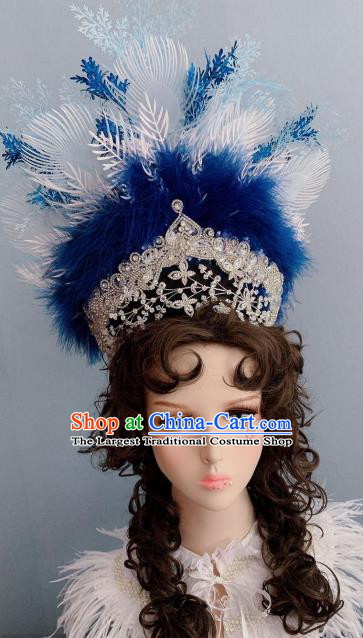 Top Handmade Blue Feather Royal Crown Hair Accessories Stage Show Hair Ornament Baroque Princess Hat