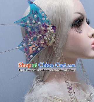 Top Baroque Princess Blue Fin Tassel Hair Sticks Handmade Laser Hair Accessories Stage Show Hair Ornament