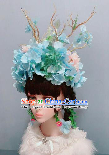 Top Hair Ornament Handmade Blue Flowers Royal Crown Wedding Princess Hair Accessories Stage Show Chaplet