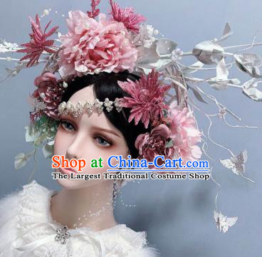 Top Stage Show Headwear Wedding Princess Hair Accessories Pink Peony Flowers Chaplet Handmade Royal Crown