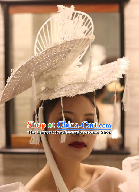 Handmade Chinese Ancient Bride Phoenix Coronet Stage Performance White Lace Fan Top Hat Traditional Wedding Hair Accessories