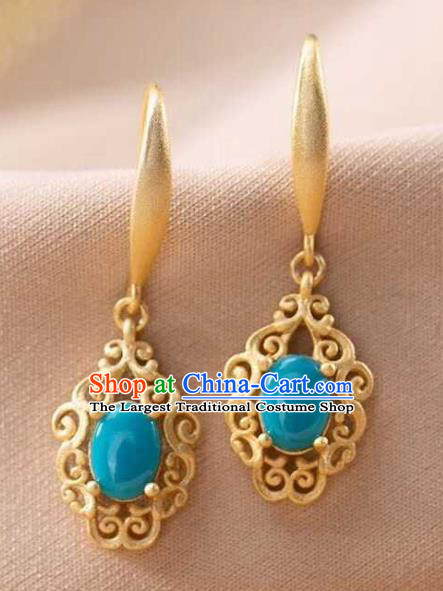 Handmade Chinese Traditional Kallaite Ear Accessories Cheongsam Golden Earrings Jewelry