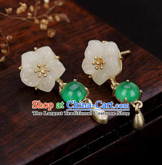 Handmade Chinese Traditional White Jade Plum Blossom Ear Accessories Classical Cheongsam Earrings Jewelry