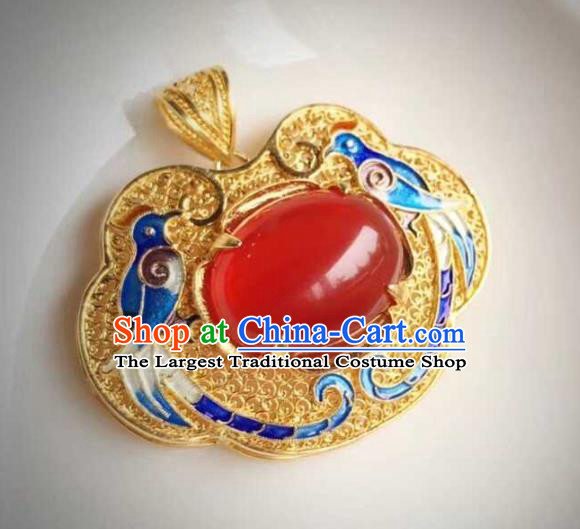 China Ancient Court Queen Cloisonne Magpie Necklace Traditional Qing Dynasty Golden Agate Jewelry Necklet Pendant Accessories