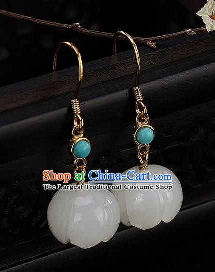 Handmade Chinese Traditional Qing Dynasty Court Ear Accessories Classical White Jade Lotus Earrings Jewelry