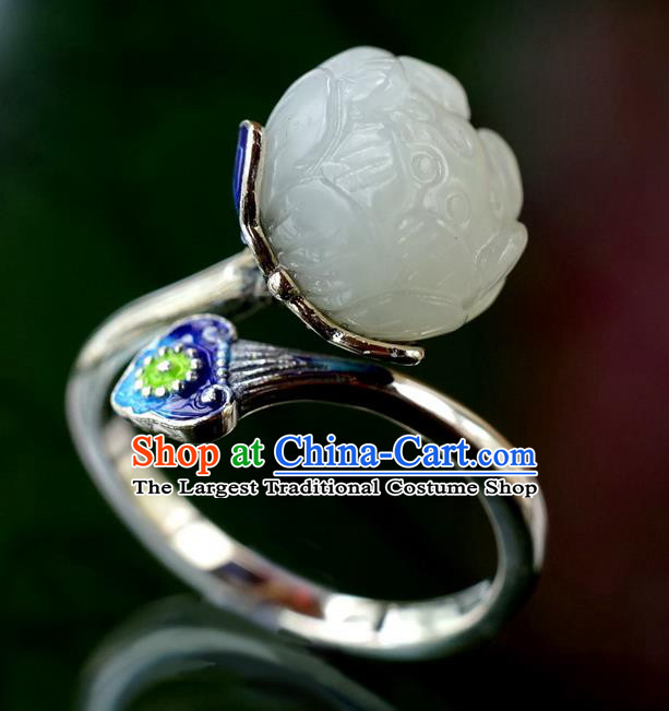 China Traditional Cloisonne Silver Jewelry Accessories Ancient Court Queen White Jade Lotus Seedpod Ring