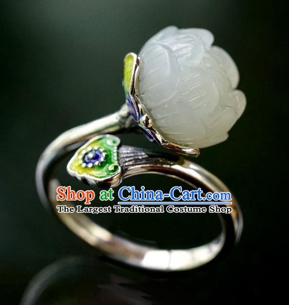 China Traditional Enamel Jewelry Accessories Ancient Court Queen White Jade Lotus Seedpod Silver Ring