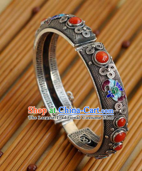 China Traditional Handmade Cloisonne Bat Bracelet National Silver Bangle Accessories