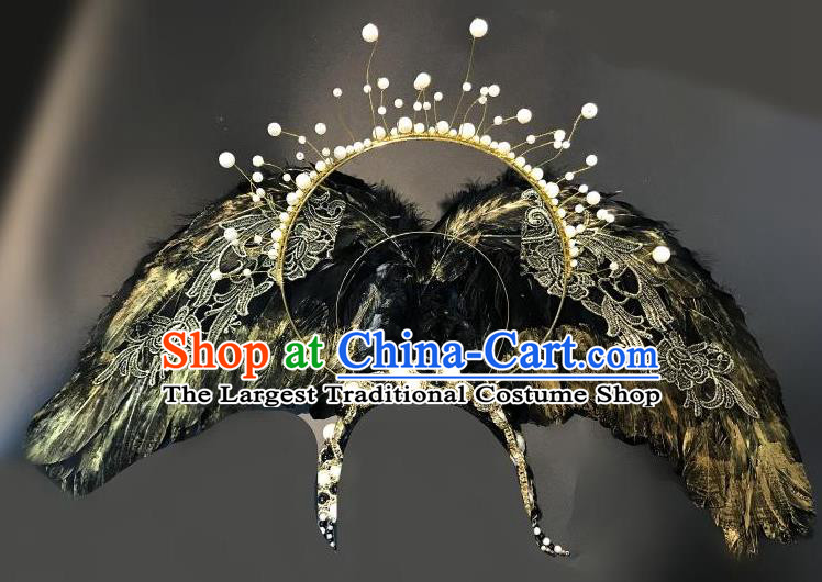 Handmade Stage Show Hair Clasp Brazilian Carnival Cosplay Queen Headwear Halloween Black Feather Wings Hair Accessories