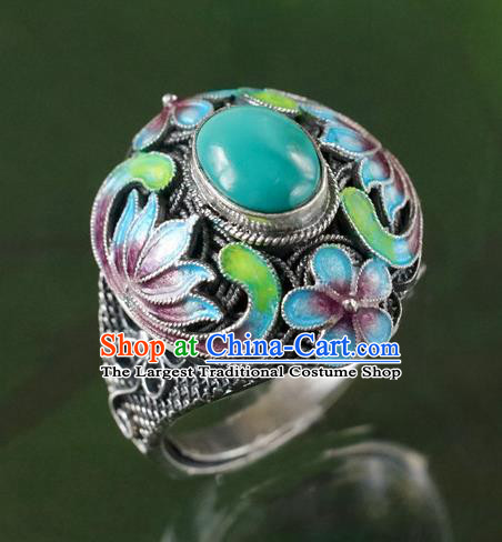 China Traditional Qing Dynasty Court Kallaite Jewelry Ancient Queen Cloisonne Lotus Ring Accessories