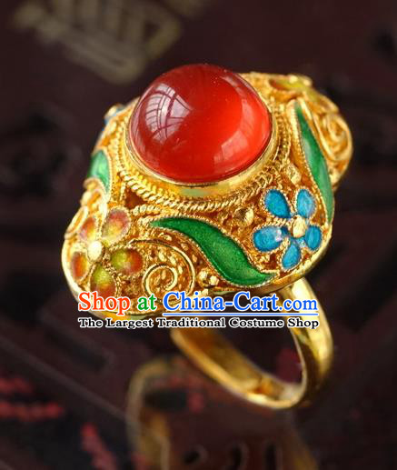 China Traditional Qing Dynasty Golden Ring Accessories Ancient Court Woman Carnelian Circlet Jewelry