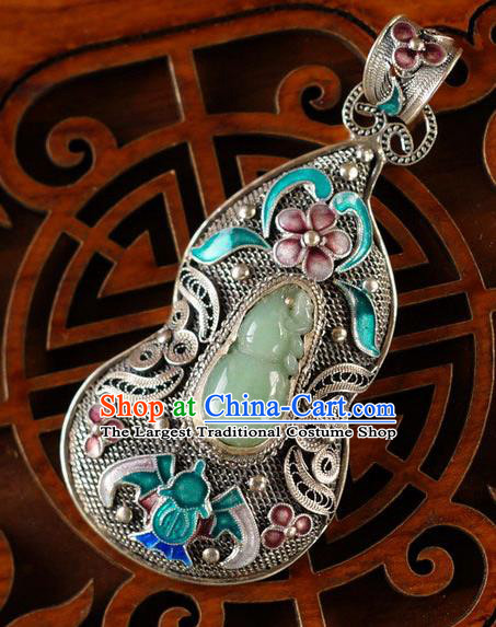 China Traditional National Jade Gourd Silver Jewelry Accessories Handmade Cloisonne Bat Necklace Pendant