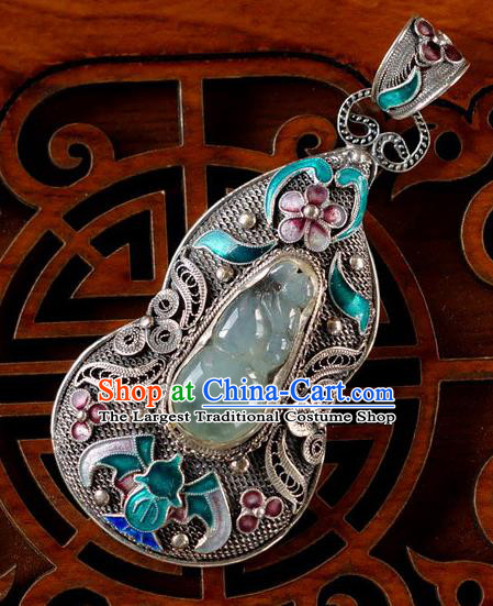 China Traditional Accessories Handmade Cloisonne Bat Necklace Pendant National Jade Gourd Silver Jewelry