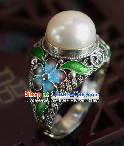 China Traditional Qing Dynasty Pearl Ring Accessories Ancient Court Woman Silver Circlet Jewelry