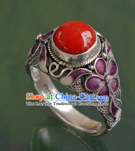 China Ancient Court Woman Cloisonne Purple Plum Circlet Silver Jewelry Traditional Qing Dynasty Ruby Ring Accessories