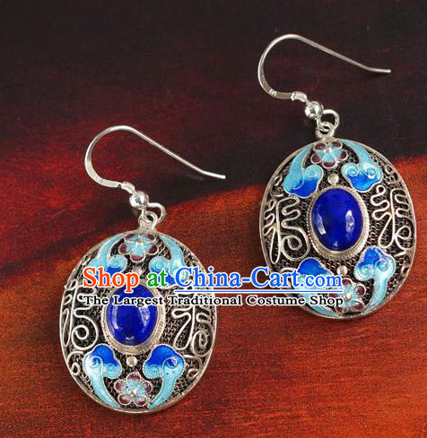 Handmade Chinese Traditional Qing Dynasty Palace Lapis Earrings Jewelry Ancient Empress Cloisonne Ear Accessories