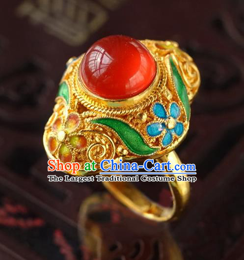 China Ancient Court Woman Carnelian Accessories Traditional Qing Dynasty Empress Circlet Jewelry Golden Ring