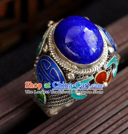 China Ancient Court Woman Lapis Ring Accessories Traditional Qing Dynasty Empress Silver Circlet Jewelry