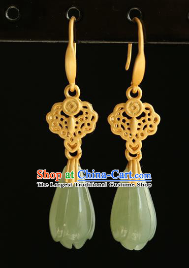 Handmade Chinese Traditional Cheongsam Golden Earrings Jewelry Jade Mangnolia Ear Accessories