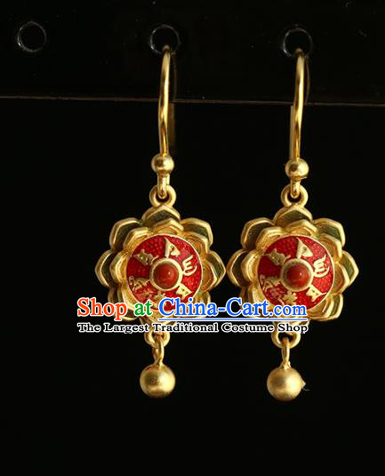 Handmade Chinese Enamel Red Ear Accessories Cheongsam Silver Earrings Traditional Buddhism Mantra Jewelry