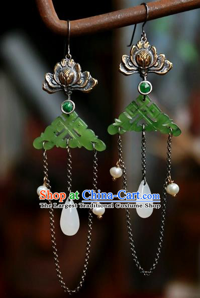 China National Carving Lotus Jewelry Handmade Jade Ear Accessories Traditional Ancient Qing Dynasty Earrings