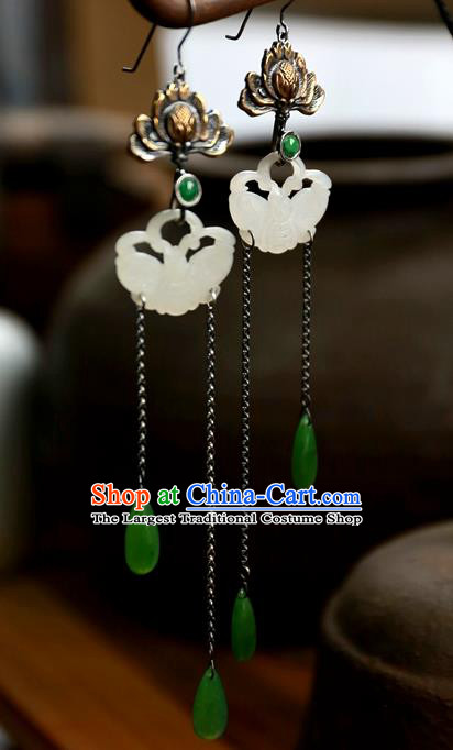 China National Jewelry Handmade Carving Lotus Ear Accessories Traditional Ancient Qing Dynasty White Jade Butterfly Earrings