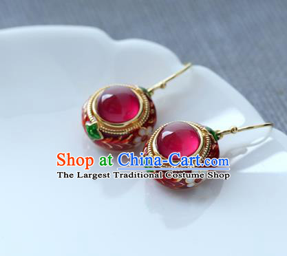 Handmade Chinese Traditional Ear Jewelry Red Corundum Eardrop Accessories Enamel Earrings