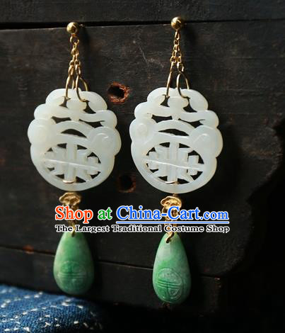 China Ancient Qing Dynasty White Jade Earrings National Jewelry Traditional Handmade Ear Accessories