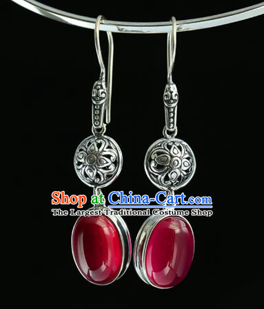 Handmade Chinese Traditional Silver Carving Ear Jewelry Eardrop Accessories Red Corundum Earrings