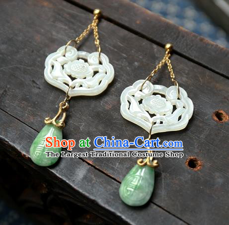 China Traditional Handmade White Jade Lock Ear Accessories National Wedding Jewelry Ancient Qing Dynasty Earrings