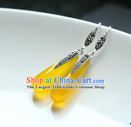 Handmade Chinese Traditional Canary Stone Ear Jewelry Classical Cheongsam Silver Bamboo Leaf Earrings Eardrop Accessories