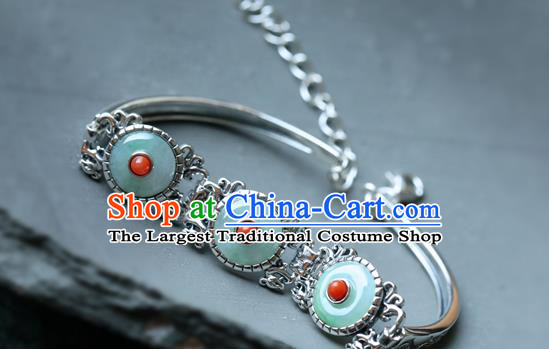 China Handmade Silver Bangle Jewelry Corallite Accessories Traditional National Jade Bracelet