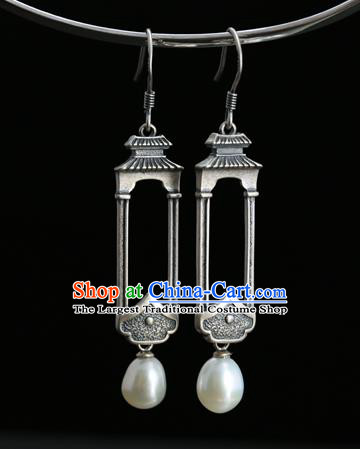 Handmade Chinese Traditional Pearl Ear Jewelry Eardrop Accessories Silver Carving Palace Earrings