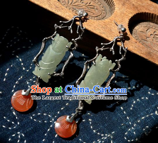 China Ancient Qing Dynasty Jade Carving Earrings Traditional Handmade Agate Ear Accessories National Wedding Jewelry