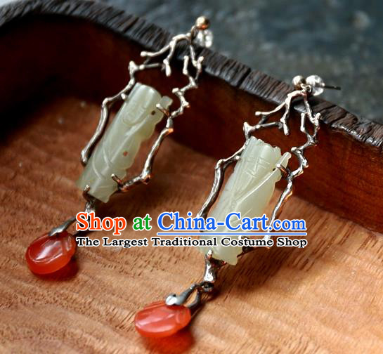 China Traditional Handmade Ear Accessories Ancient Qing Dynasty Earrings National Wedding Jade Carving Jewelry