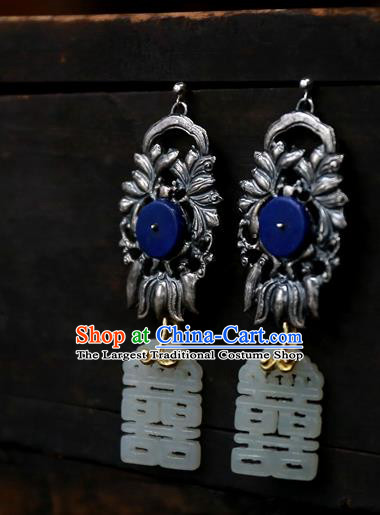 China National Wedding Jade Carving Jewelry Ancient Qing Dynasty Earrings Traditional Handmade Ear Accessories