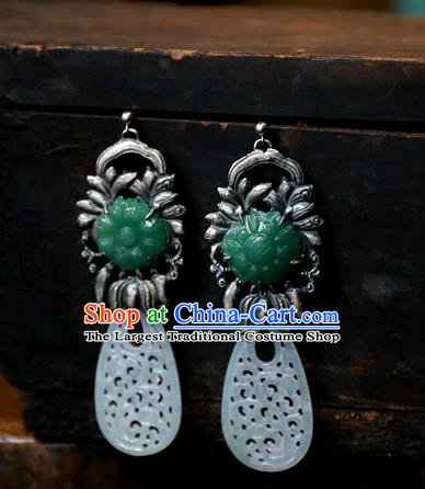 China National Wedding Silver Jewelry Ancient Qing Dynasty Earrings Traditional Handmade Jade Carving Ear Accessories