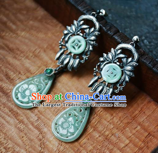 China National Silver Lotus Jewelry Ancient Qing Dynasty Earrings Traditional Handmade Green Jade Ear Accessories