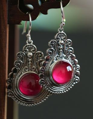 Handmade Chinese Traditional Red Corundum Ear Jewelry Eardrop Accessories Classical Silver Earrings