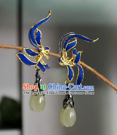 China Ancient Court Blueing Earrings Traditional National Jadeite Mangnolia Jewelry Handmade Qing Dynasty Ear Accessories