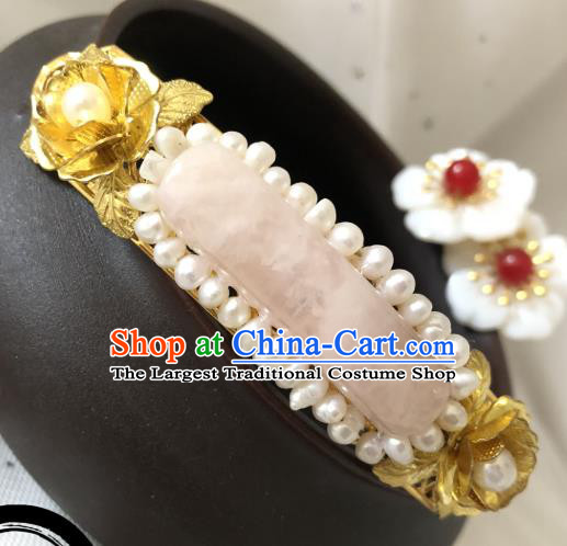 China Ming Dynasty Princess Rose Quartz Hair Stick Traditional Hanfu Hair Accessories Ancient Palace Lady Pearls Hairpin