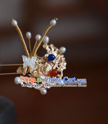 China Ming Dynasty Pearls Butterfly Hair Stick Traditional Hanfu Hair Accessories Ancient Imperial Consort Golden Hairpin