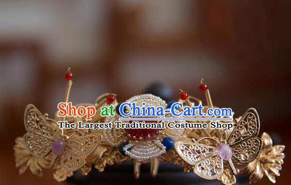 China Song Dynasty Golden Butterfly Pearls Flowers Hair Stick Traditional Hanfu Hair Accessories Ancient Princess Agate Pearls Hairpin