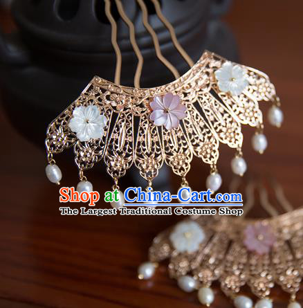 China Song Dynasty Golden Hair Comb Traditional Hanfu Hair Accessories Ancient Princess Pearls Tassel Hairpin