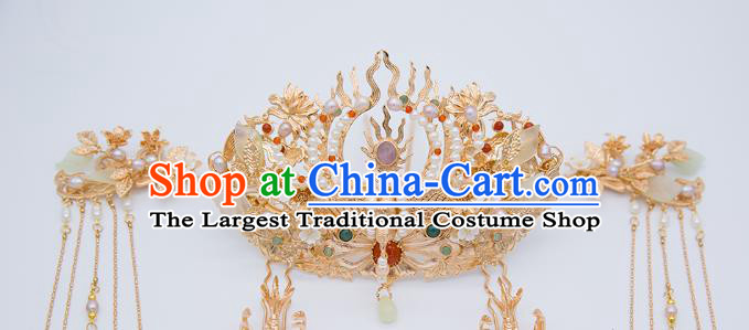 China Tang Dynasty Phoenix Coronet Traditional Hanfu Hair Accessories Ancient Empress Pearls Hair Crown and Hairpins