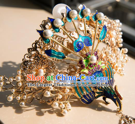 China Ming Dynasty Wedding Blueing Phoenix Hair Crown Traditional Hanfu Hair Accessories Ancient Court Hairpin