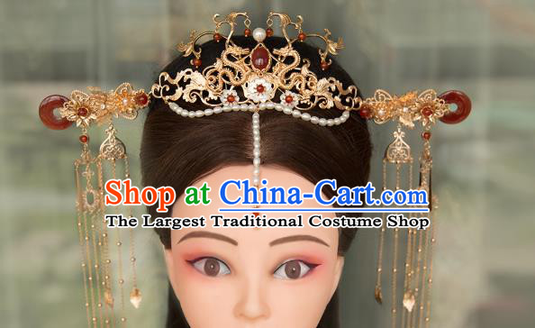 China Ming Dynasty Pearls Tassel Phoenix Coronet Traditional Hanfu Hair Accessories Ancient Court Lady Hair Crown Hairpin